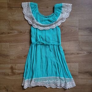 Girls Turquoise Lace-Trim Summer Dress